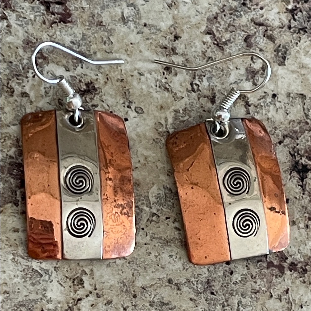 Copper And Silver Rectangular Earrings - image 3